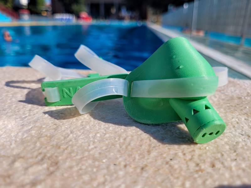 A photo of the mask that allows even those allergic to chlorine to swim